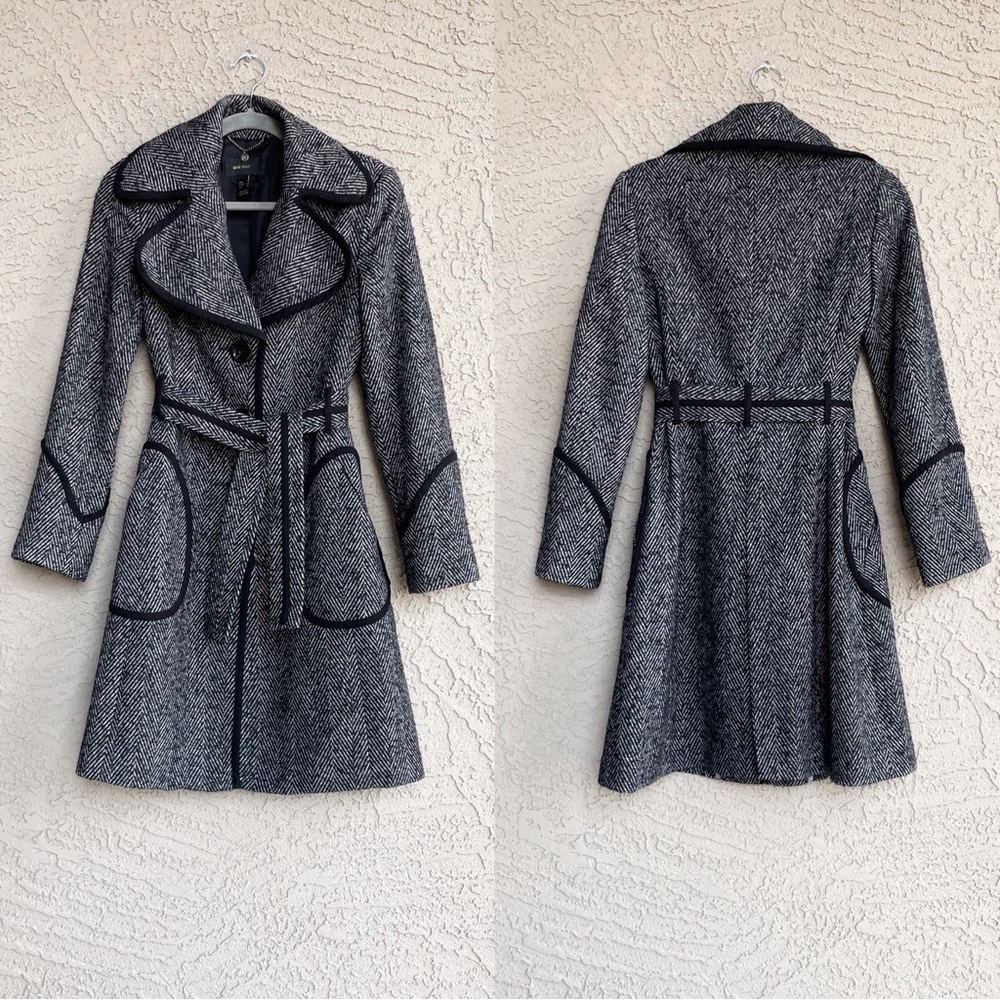 VINTAGE MANGO Y2K does 60s Black & White Herringbone Belted Wool Trench Coat XS